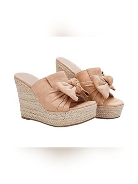 Knotted Espadrille Wedge Slides in Tan